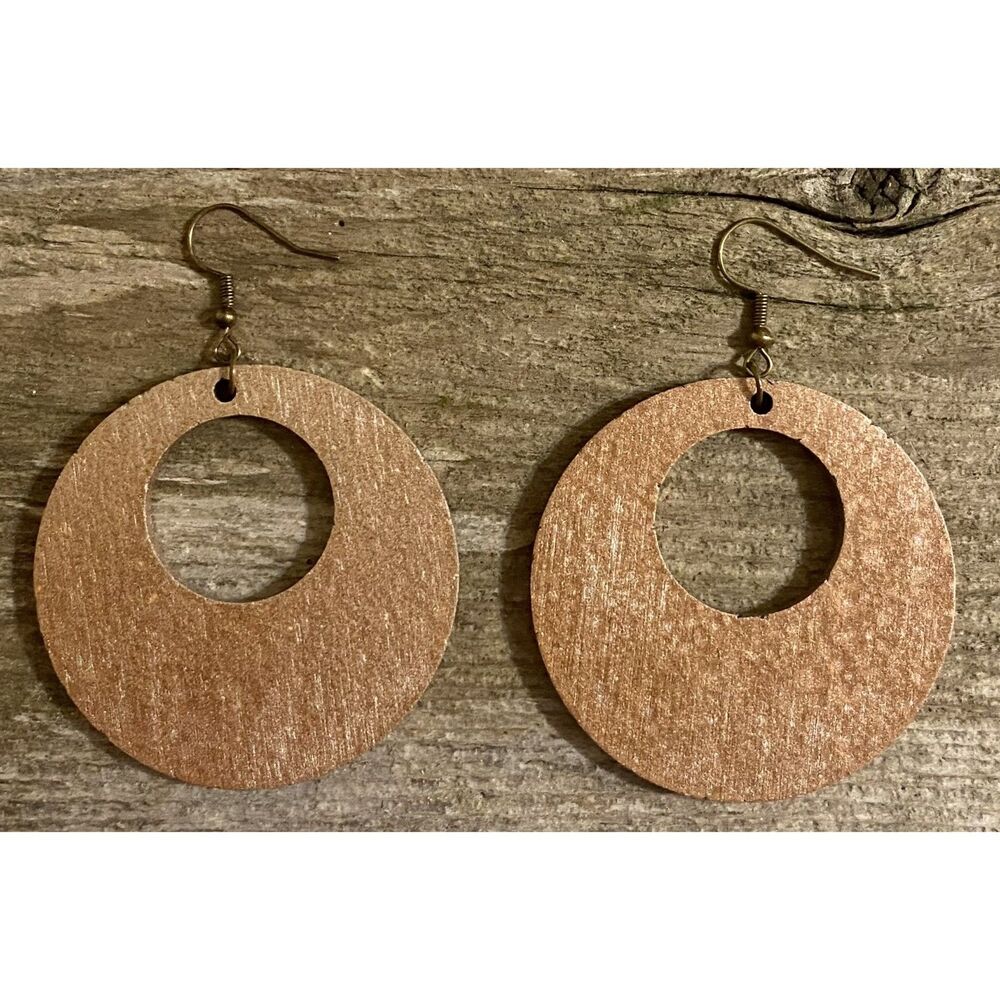 Wood Earrings - 2" x 2" Offset Circle - Hammered Copper - E003-09
